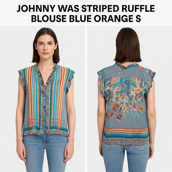 JOHNNY WAS STRIPED RUFFLE BLOUSE BLUE ORANGE S - Picture 1 of 8